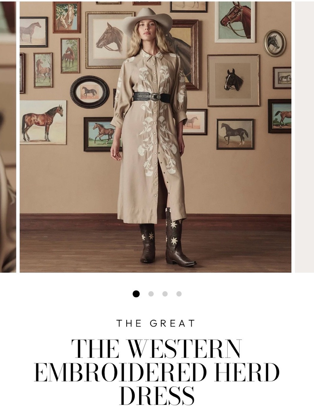 THE GREAT. Taupe Western Embroidered Shirt Dress
